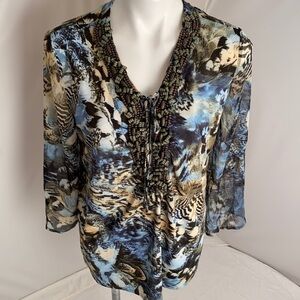 Alberto Makali multicolor blue green brown animal print beaded tunic